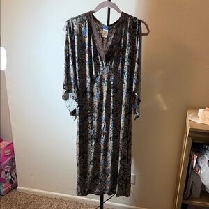 Boho-Inspired Blue and Brown Midi Dress with Lace Trim